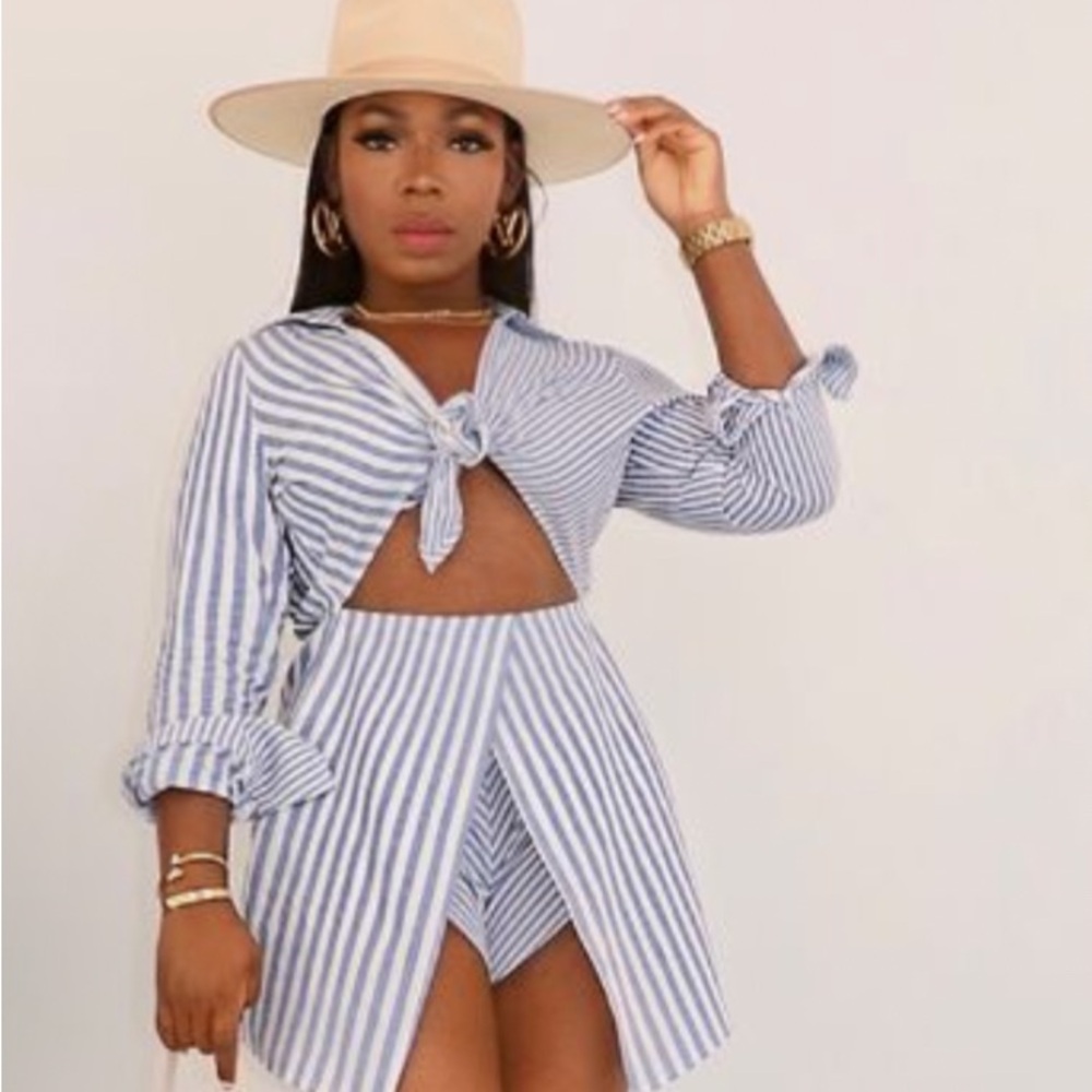 Blue and White Striped Romper Tie-Front